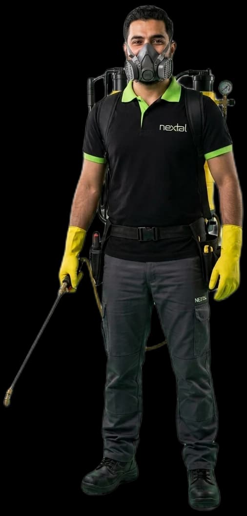 Nextal Pest Control technician in Dubai with backpack sprayer and respirator