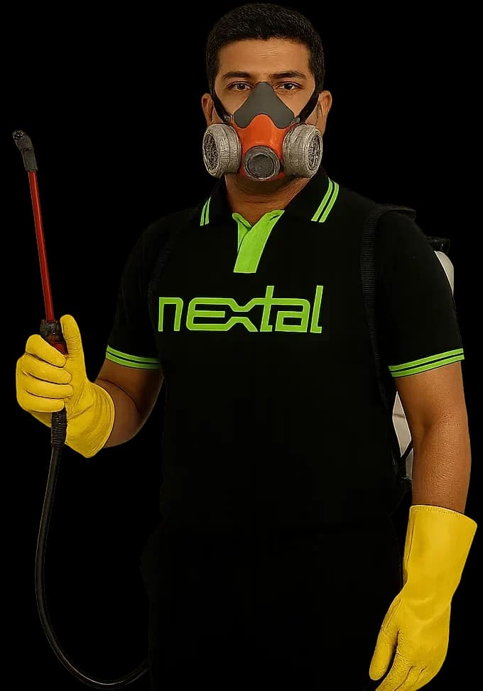 Nextal Pest Control technician with equipment in Dubai